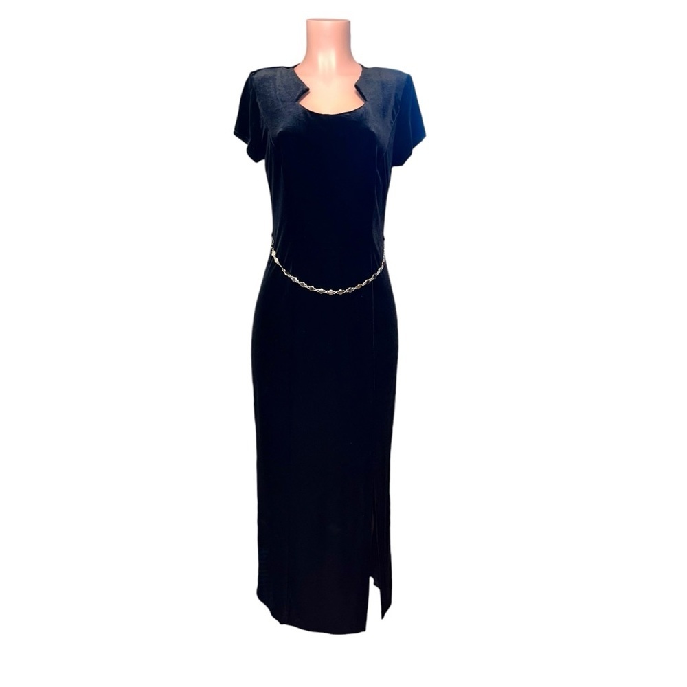Vtg SCARLETT Stretch Velvet  Midi‎ Pencil Dress Sz 9/10 Black Queen Ann Neckline